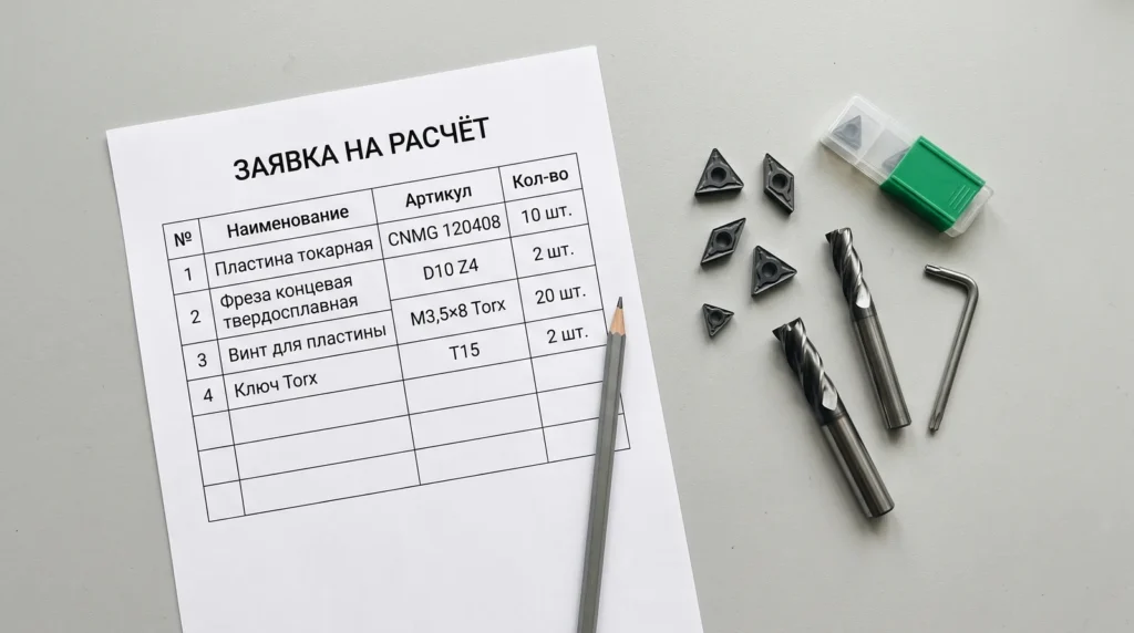 Заявка на расчёт: пластины, концевые фрезы, винты и ключ Torx