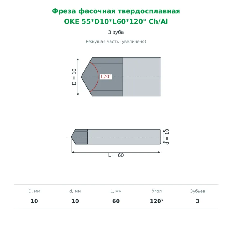 Фреза фасочная твердосплавная Ø10 мм 120°, 3 зуба (OKE 55*D10*L60*120° Ch/Al)