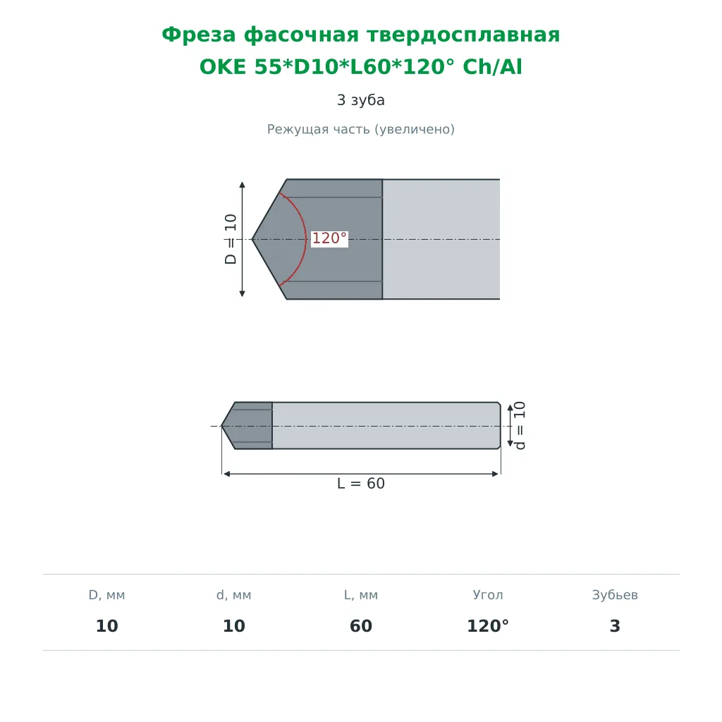 Фреза фасочная твердосплавная Ø10 мм 120°, 3 зуба (OKE 55*D10*L60*120° Ch/Al)