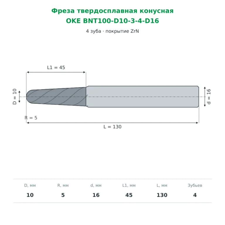 Фреза твердосплавная конусная 10×45×130 мм, 4 зуба, ZrN (OKE BNT100-D10-3-4-D16)