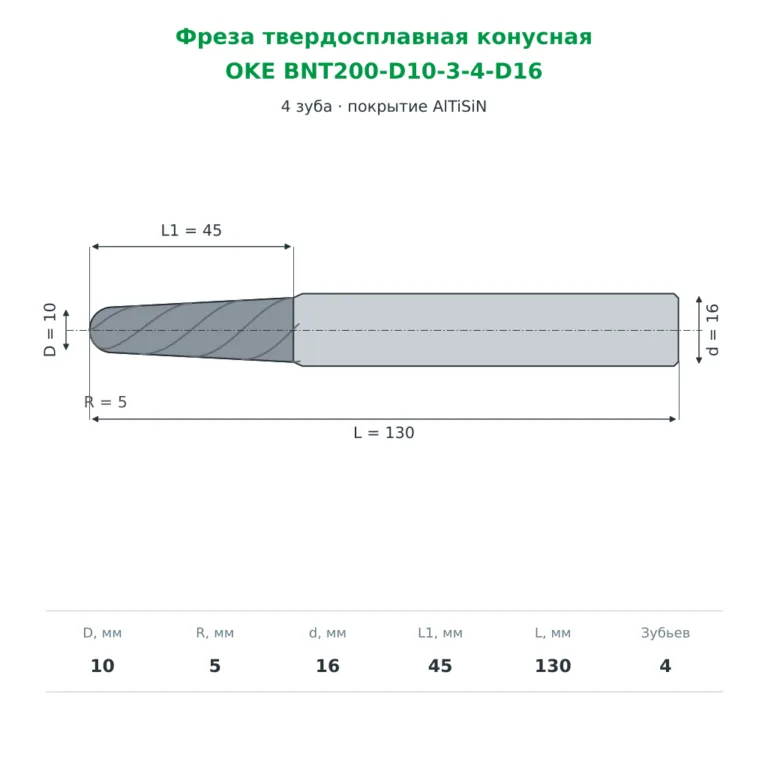 Фреза твердосплавная конусная 10×45×130 мм, 4 зуба, AlTiSiN (OKE BNT200-D10-3-4-D16)